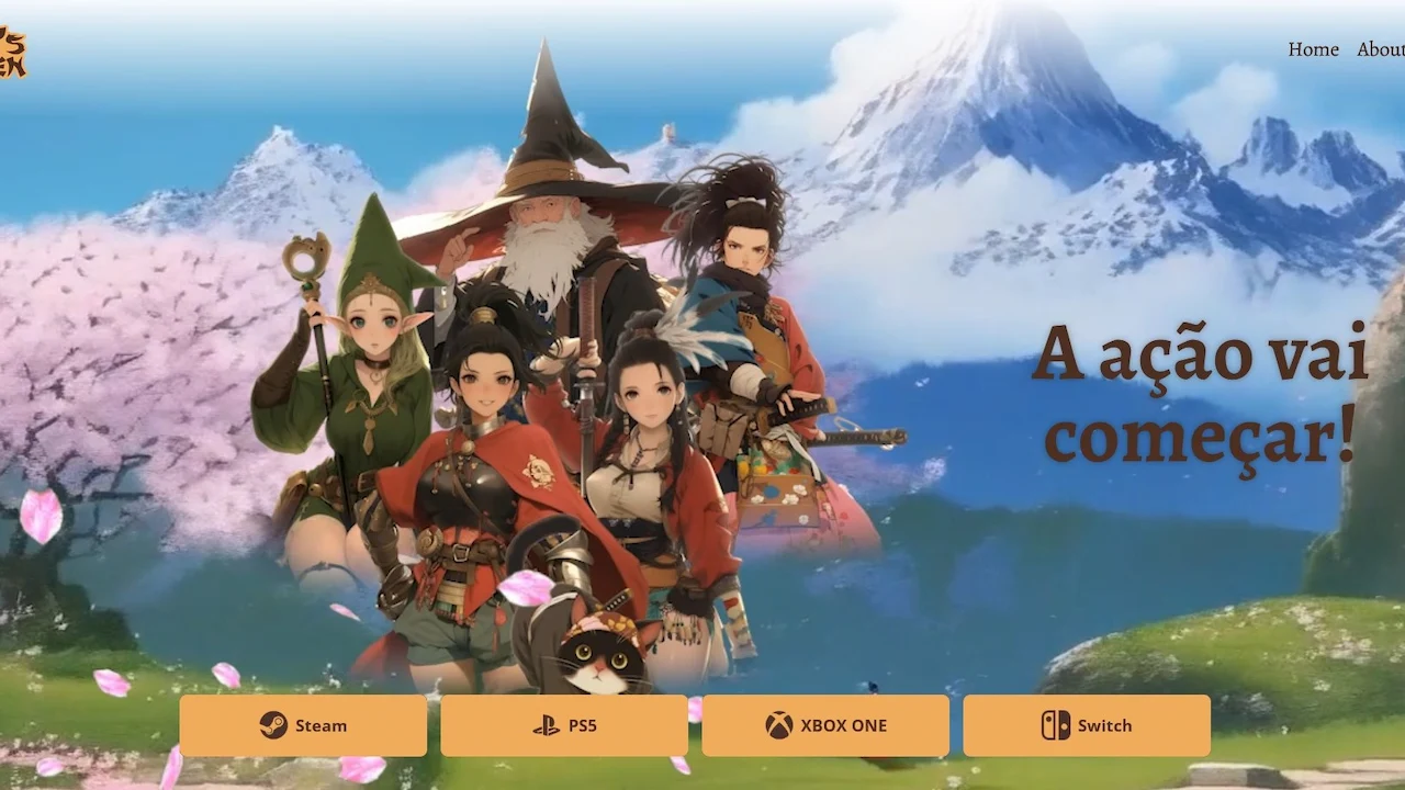Hero section of my concept game landing page with AI-generated art